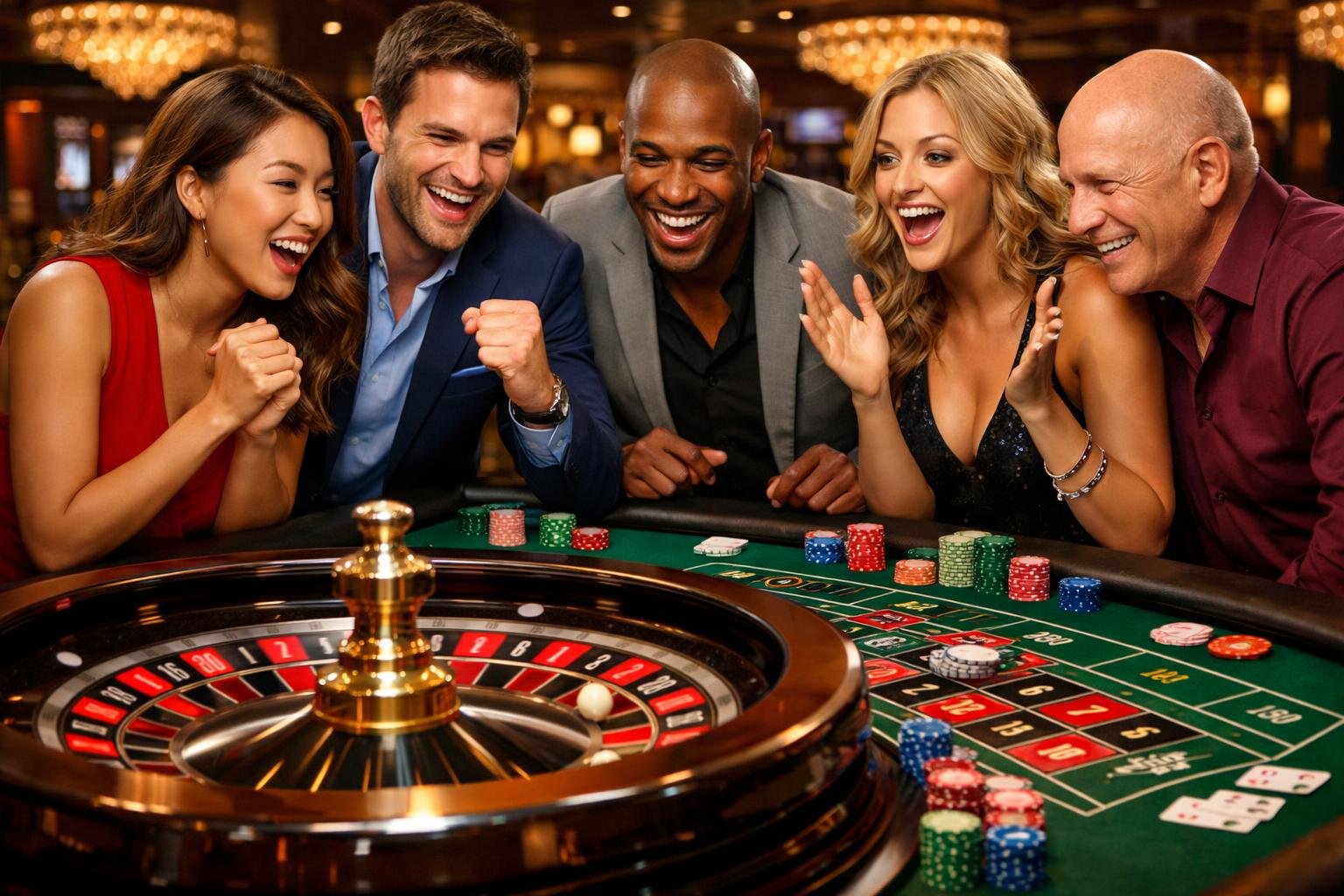 A Group Of Players Gathered Around A Roulette Table, Watching The Spinning Wheel And Placing Bets In A Lively Casino Setting.