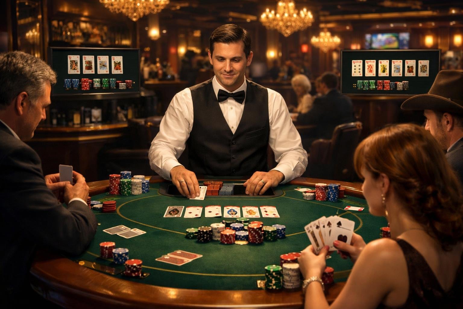 A Live Poker Casino Table With A Dealer And Players Engaged In Different Poker Game Variations, Surrounded By A Luxurious Casino Interior.