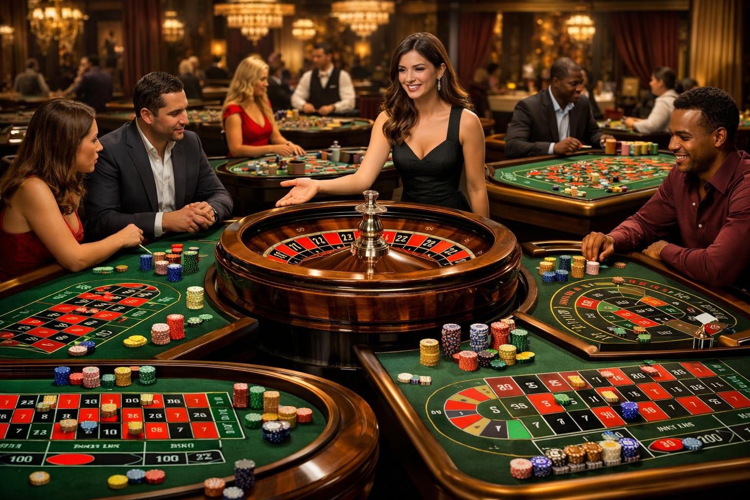 A Live Roulette Casino Scene With Multiple Roulette Tables, Players Placing Bets, And A Dealer Managing The Game.