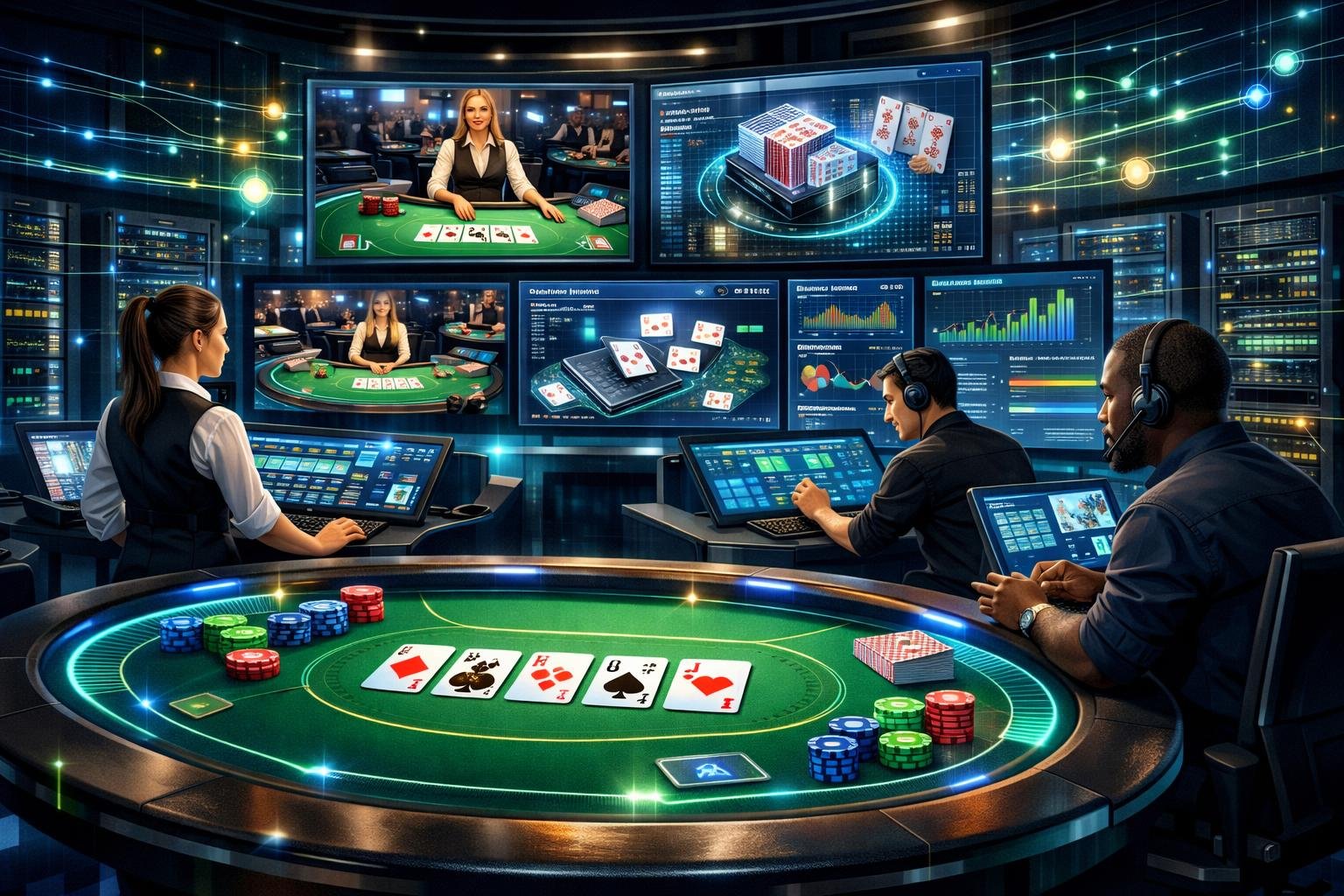 A HighTech Control Room Showing Live Poker Tables On Monitors, A Futuristic Poker Table With Virtual Cards And Chips, And Technicians Managing The Game Technology.