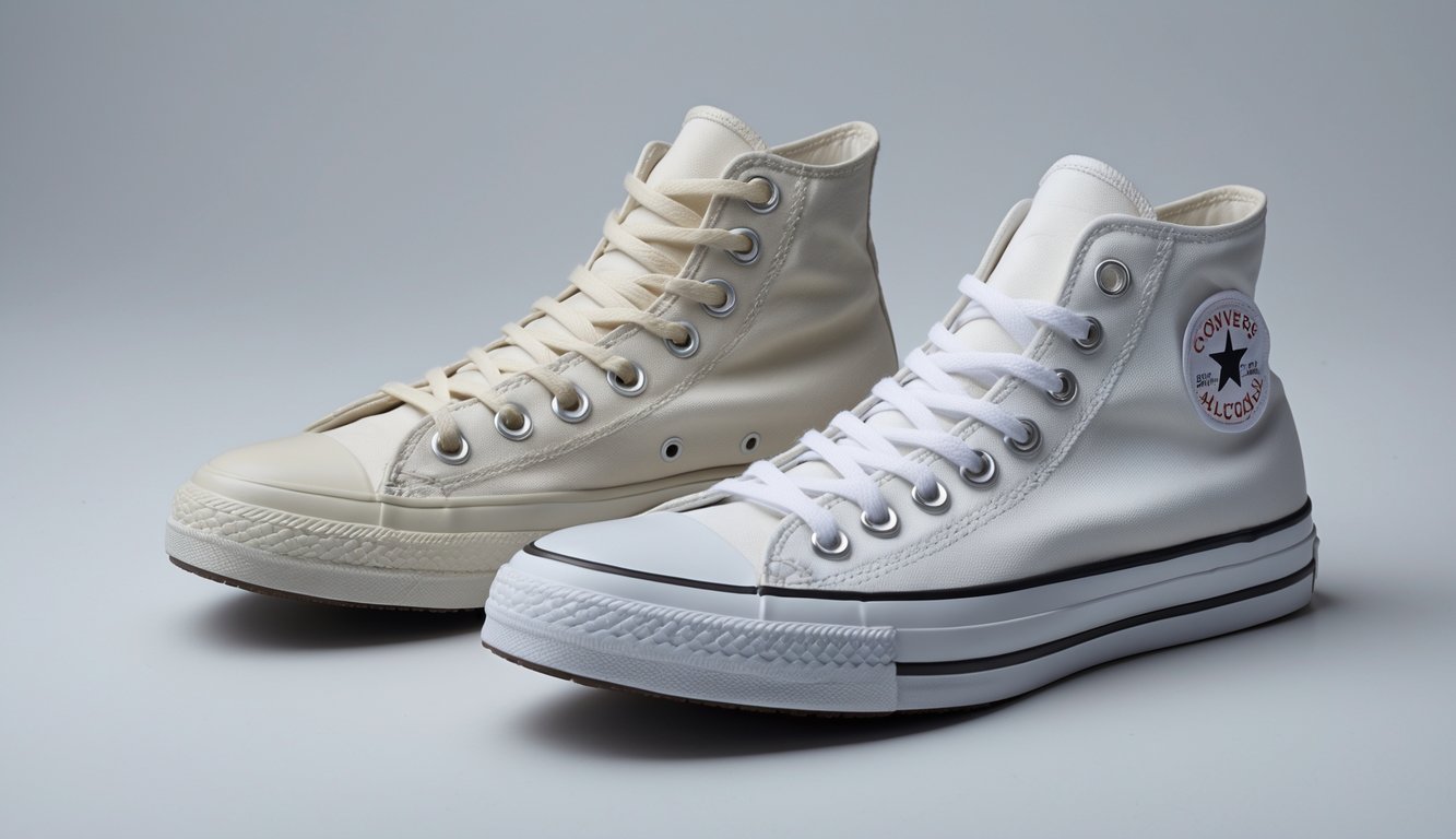 Sepasang sepatu Converse Chuck Taylor All Star, satu model high-top dan satu model low-top, diletakkan di atas latar belakang netral.