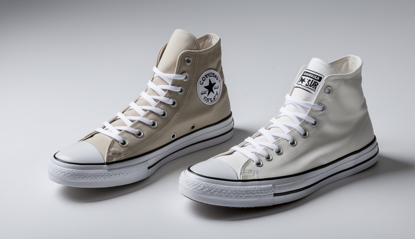 Sepasang sepatu Converse Chuck Taylor All Star Hi dan Ox berwarna putih dengan latar belakang netral.