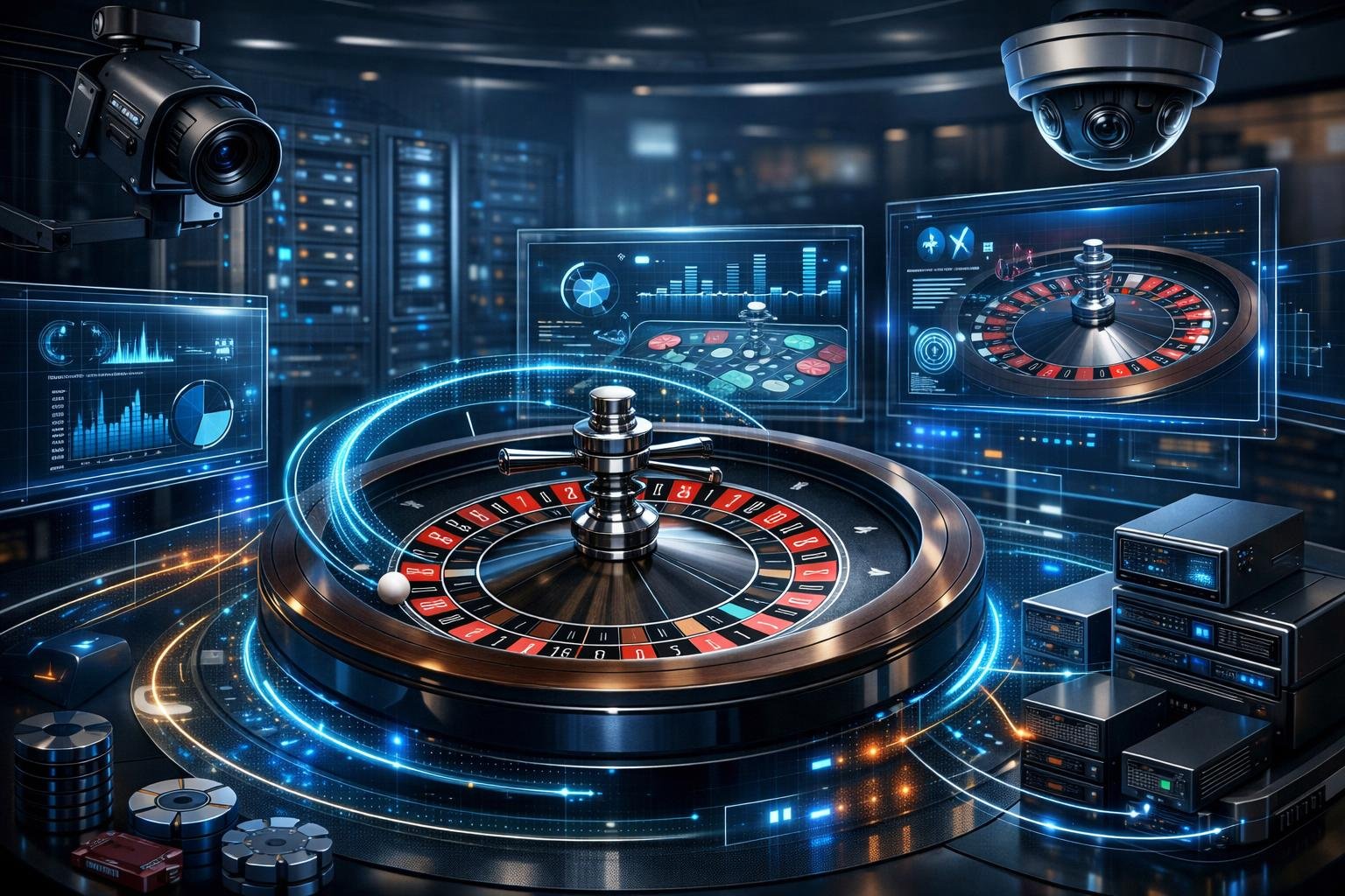 A HighTech Roulette Wheel Surrounded By Digital Displays, Cameras, And Servers In A Modern Casino Control Room.