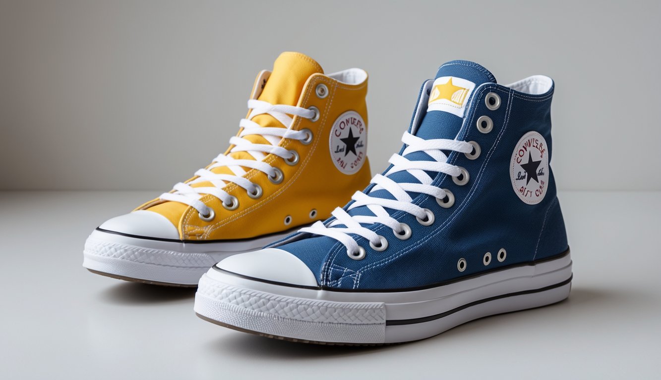 Sepasang sepatu Converse Chuck Taylor All Star, satu model high top dan satu model low top, diletakkan berdampingan di atas latar belakang polos.
