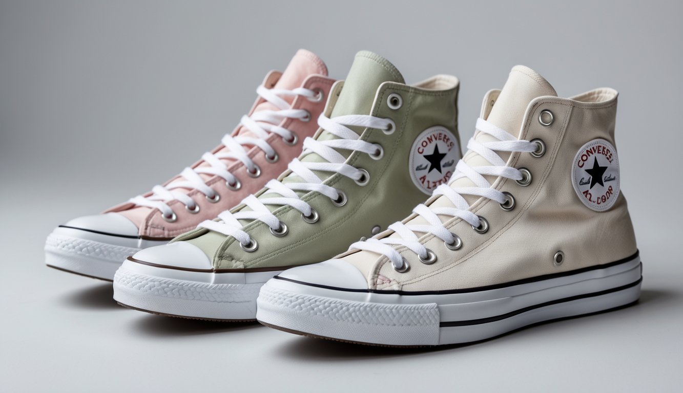 Sepasang sepatu Converse Chuck Taylor All Star, satu model high top dan satu model low top, diletakkan berdampingan pada latar belakang polos.