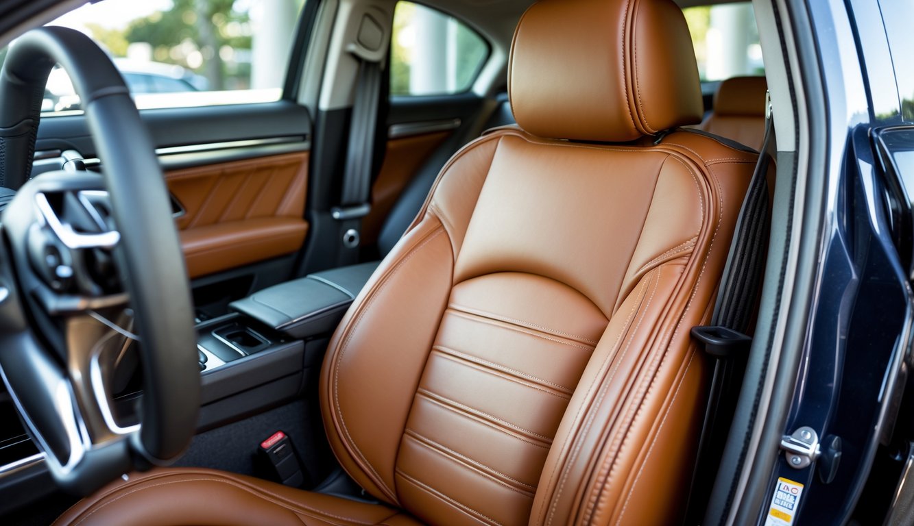 Cover jok mobil dari kulit asli yang terpasang di dalam mobil modern dengan interior bersih dan nyaman.