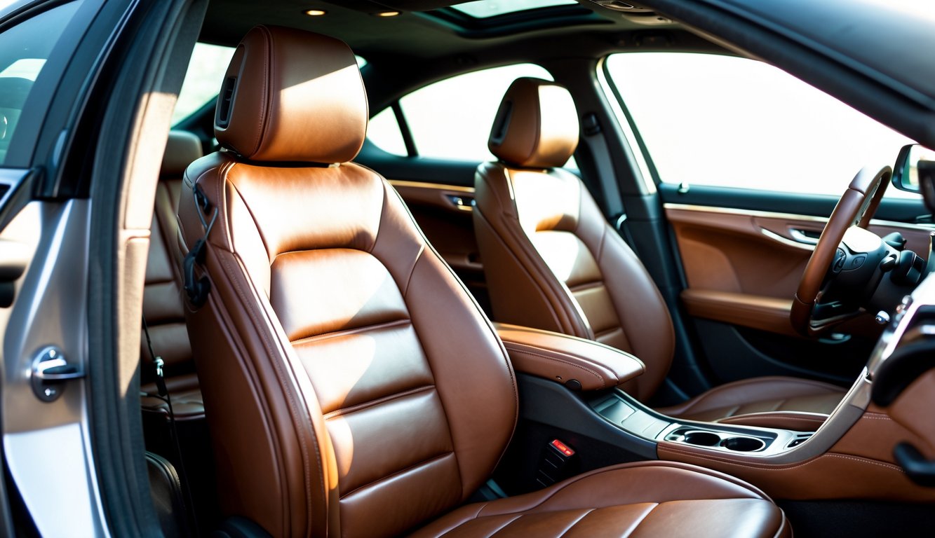 Interior mobil mewah dengan jok kulit asli berwarna coklat tua yang terlihat nyaman dan elegan.