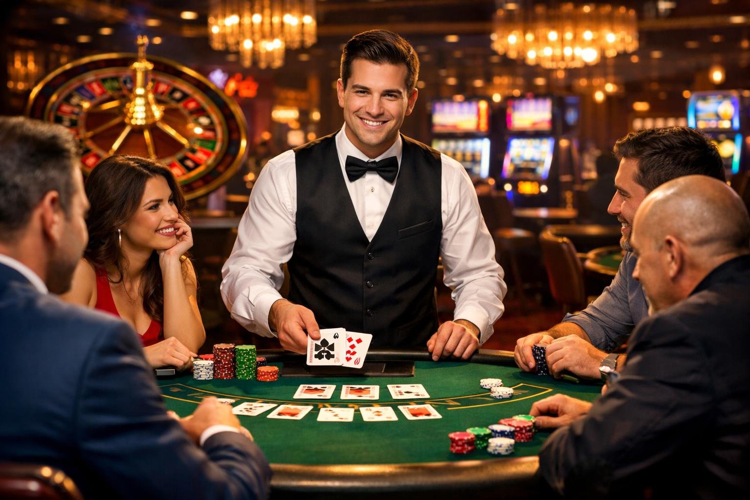 A Casino Dealer Stands Behind A Table With Cards And Chips, Surrounded By Players Engaged In A Live Casino Game.