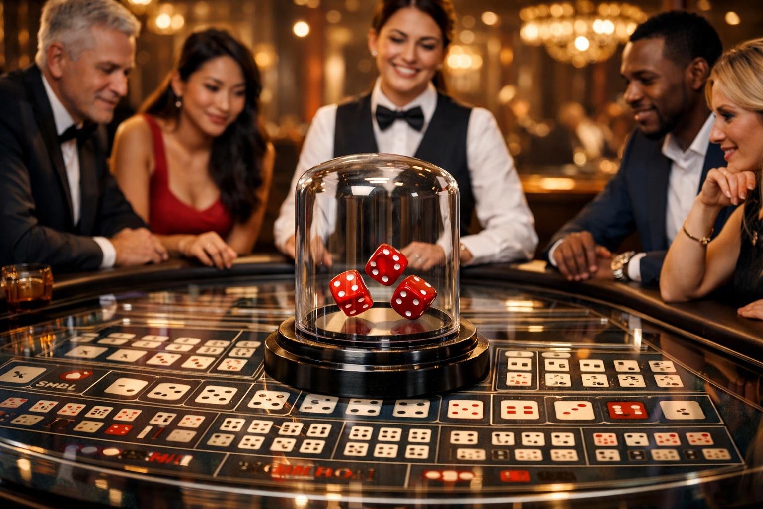 A Live Sic Bo Casino Game Scene With A Glass Table, Three Red Dice Rolling In A Shaker, A Dealer, And Players Around The Table.