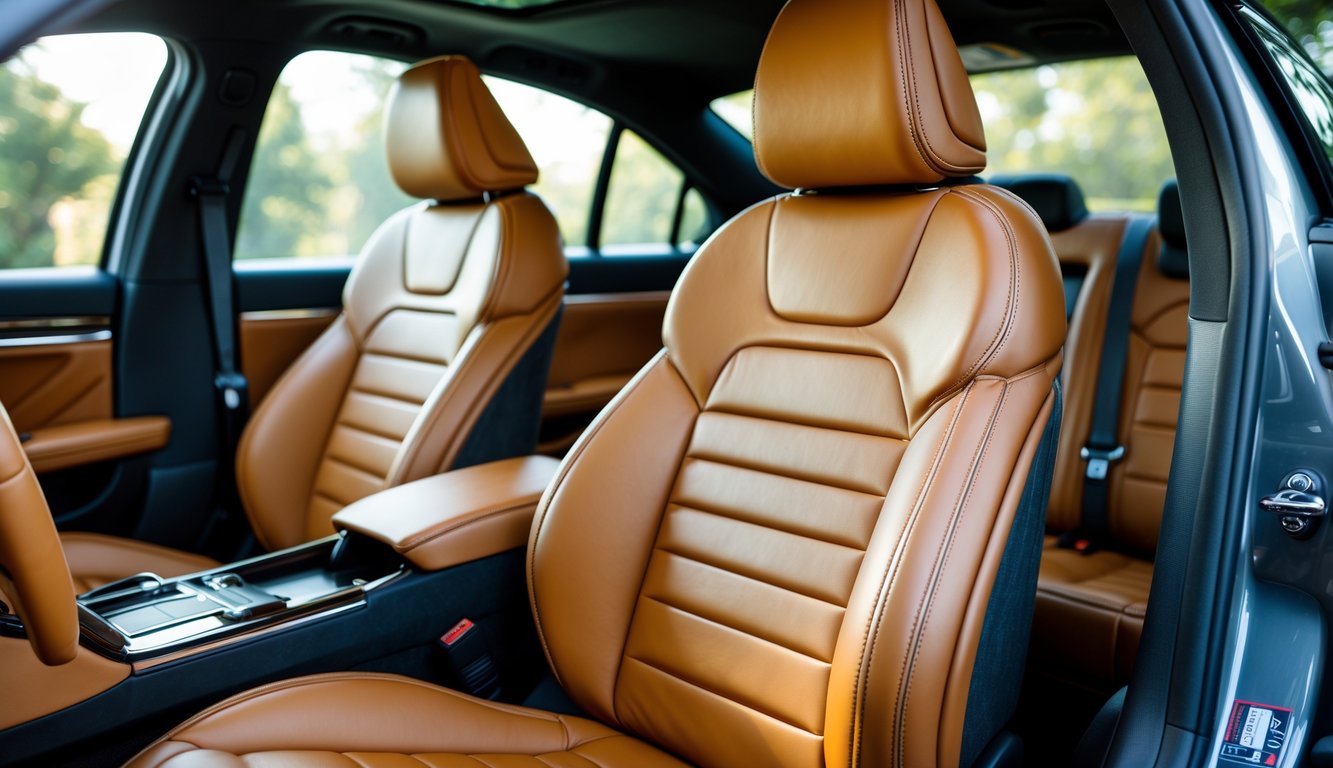 Interior mobil dengan jok kulit asli yang tampak nyaman dan elegan.