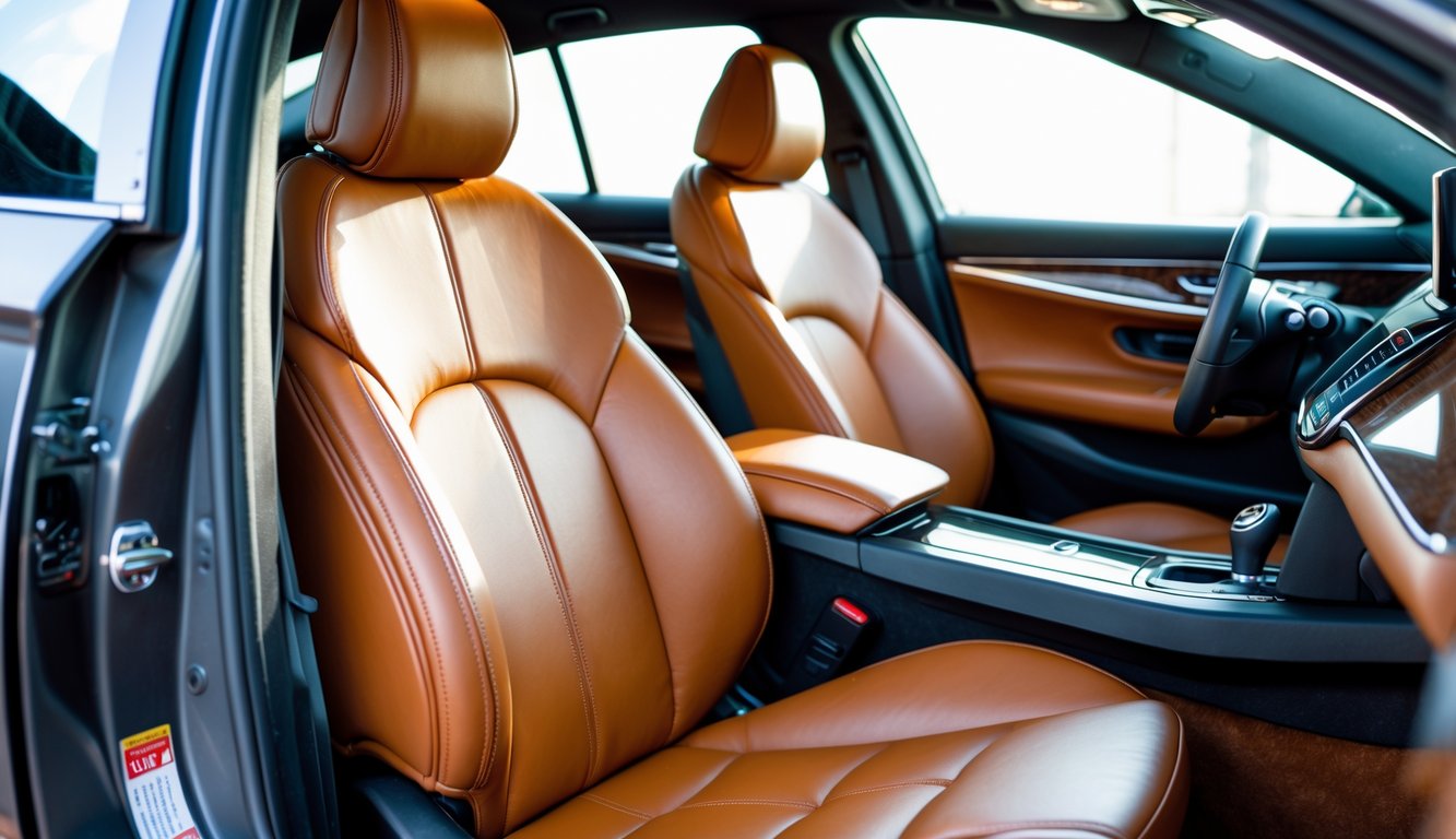 Interior mobil dengan jok kulit asli berwarna coklat yang terlihat nyaman dan elegan.