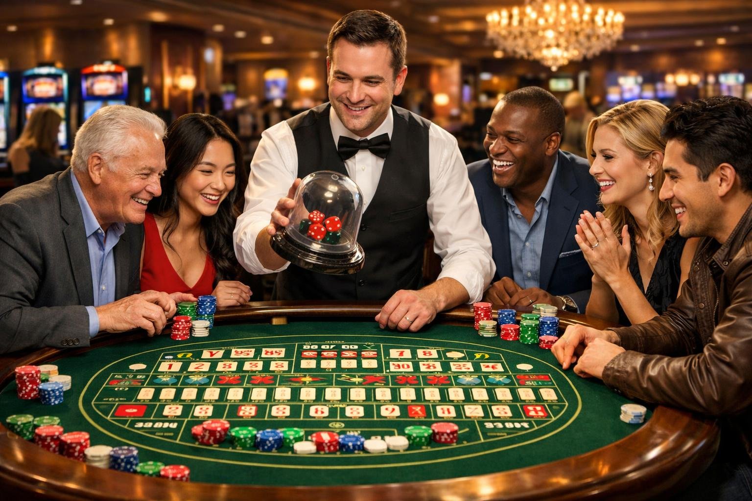 A Group Of People Gathered Around A Sic Bo Table In A Casino, With A Dealer Shaking Dice In A Transparent Container And Players Placing Bets.
