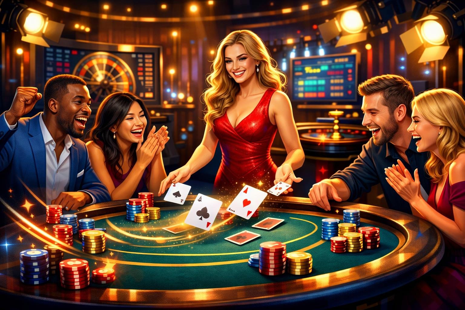 A Group Of Diverse Players Enjoying A Live Casino Game With A Dealer In A Bright Studio, Surrounded By Casino Elements And Glowing Chips.