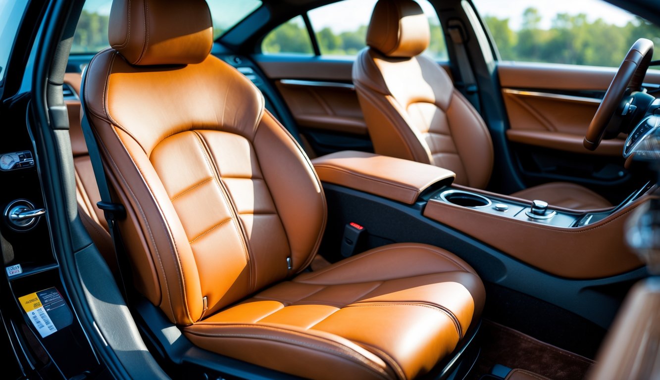 Interior mobil dengan jok kulit asli berkualitas tinggi yang tampak nyaman dan mewah.