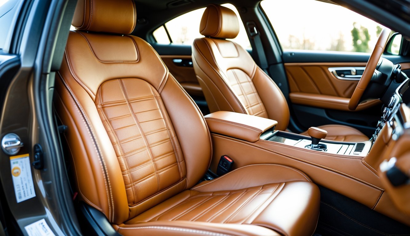 Interior mobil mewah dengan jok kulit asli berkualitas tinggi berwarna cokelat, menampilkan kenyamanan dan kemewahan di dalam mobil.