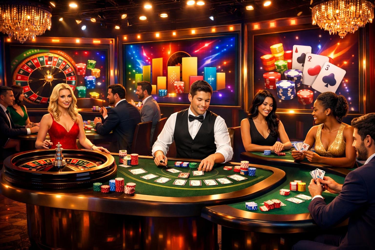 A Lively Casino Floor With Dealers And Players At Various Live Game Tables Including Roulette, Blackjack, And Poker, Surrounded By Bright Lights And Gaming Equipment.