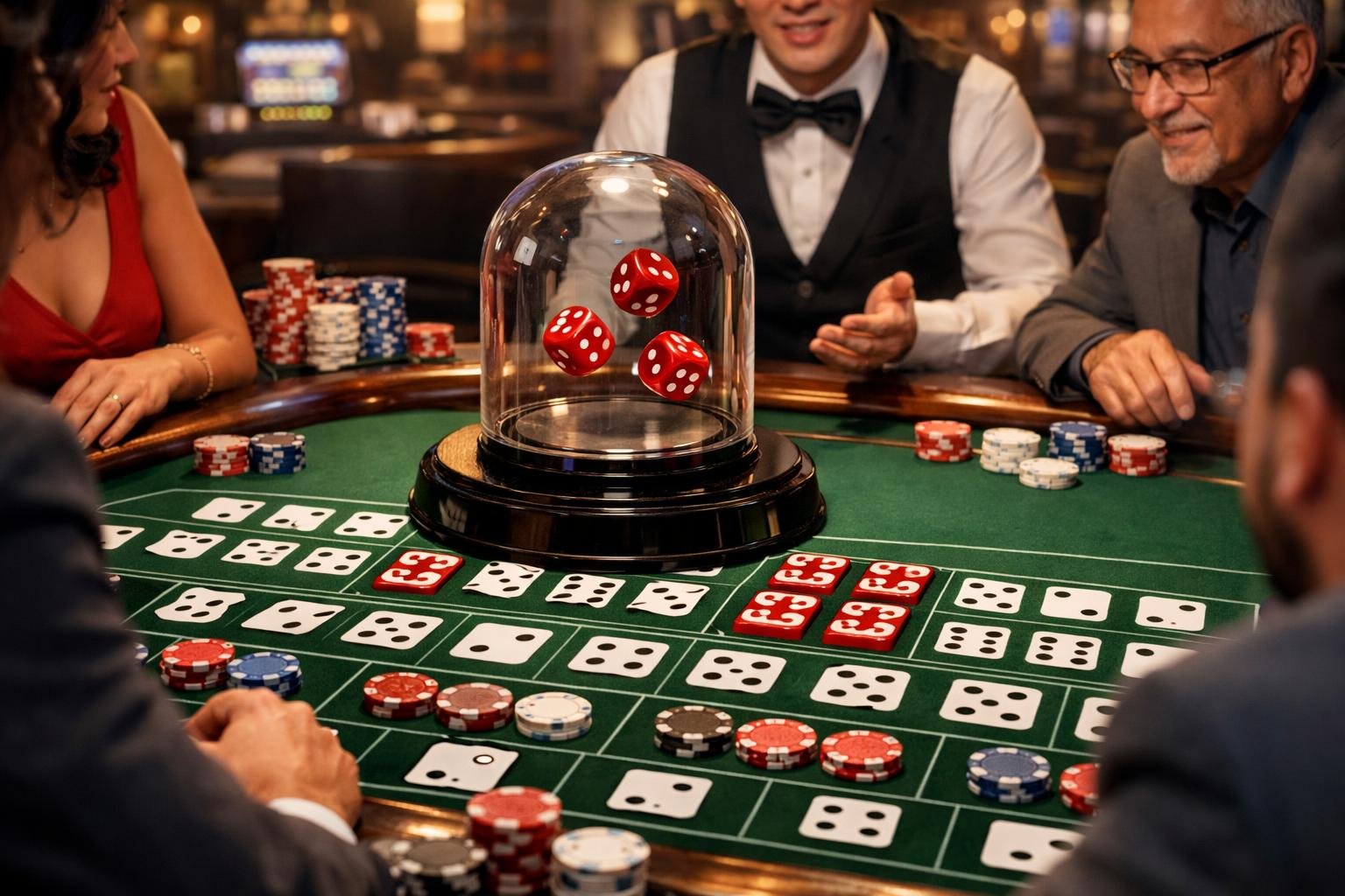 A Casino Table With A Dice Shaker Containing Three Dice, Players And A Dealer Around The Table, And Various Betting Areas For Sic Bo Game Variations.