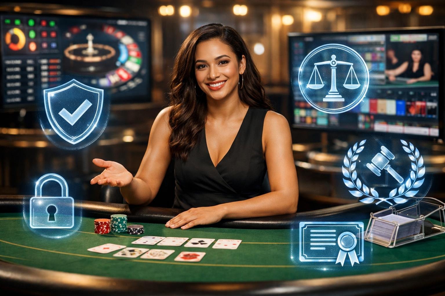 A Live Casino Game Scene With A Dealer At A Gaming Table Surrounded By Digital Symbols Representing Fairness And Licensing.