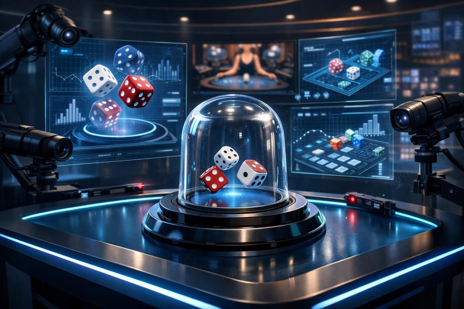 A Modern Casino Table With Three Dice Rolling Inside A Clear Container Surrounded By Digital Screens And Holograms Showing Game Data And Live Streaming Elements.