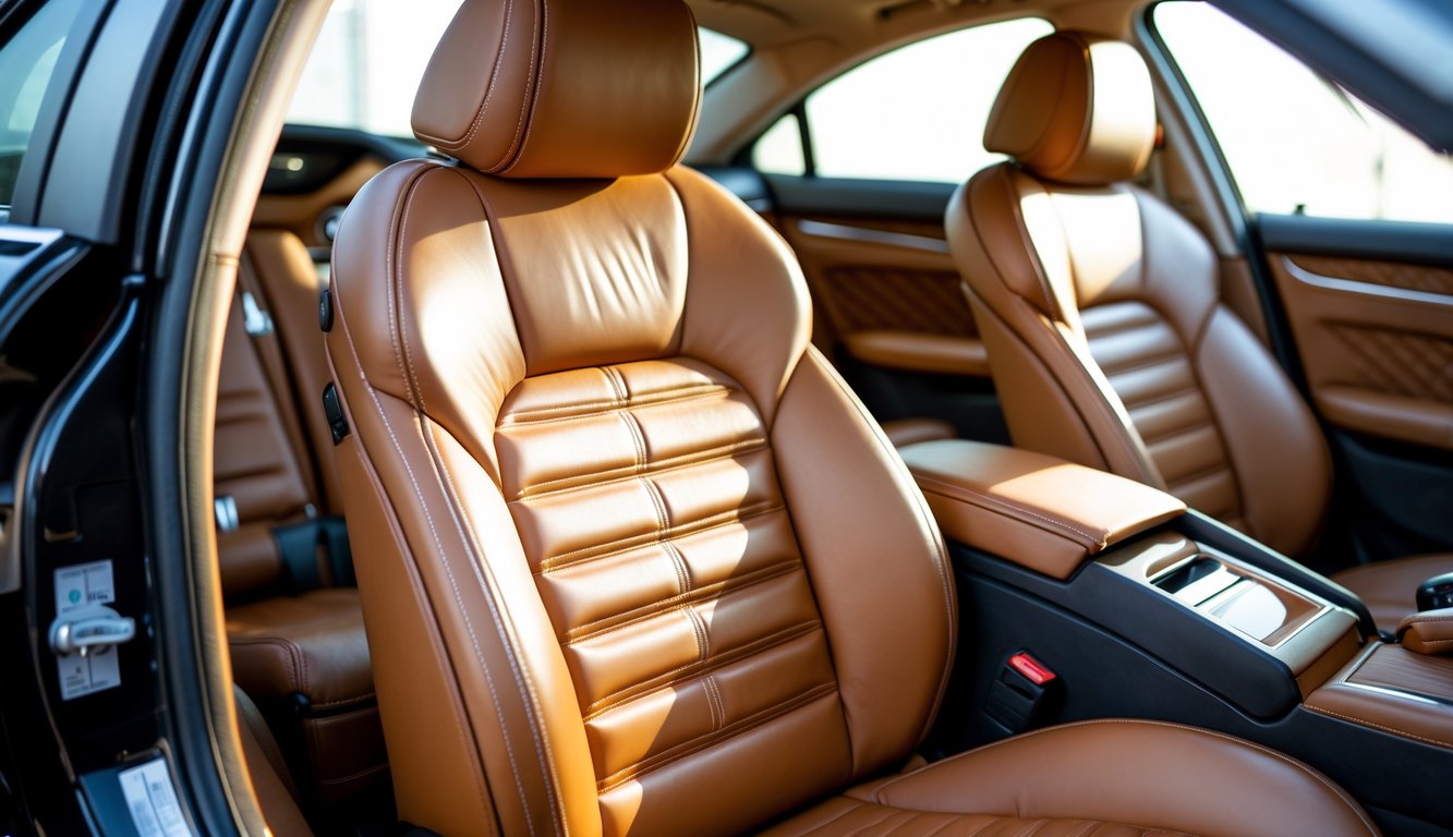 Interior mobil mewah dengan jok kulit asli berwarna cokelat yang terlihat elegan dan tahan lama.