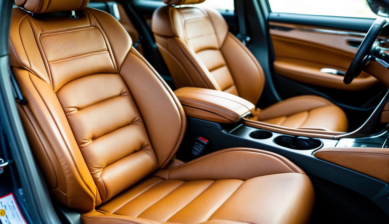 Interior mobil mewah dengan jok kulit asli berwarna cokelat yang tampak elegan dan tahan lama.