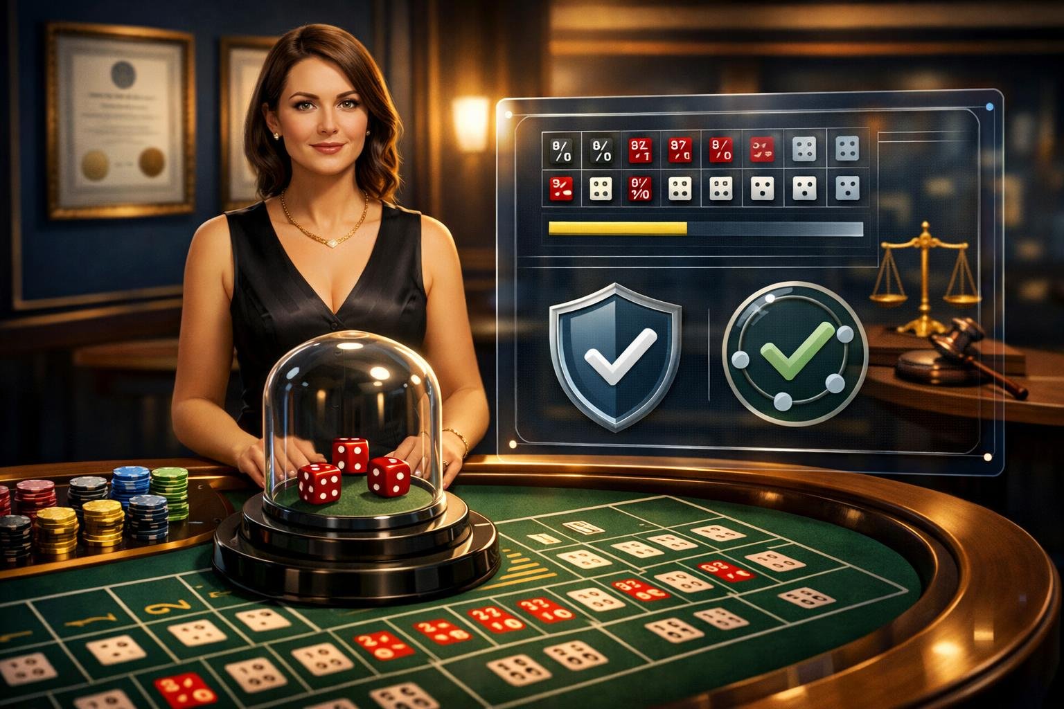 A Casino Table With Sic Bo Dice, Betting Chips, A Dealer, And Symbols Representing Game Fairness And Licensing.