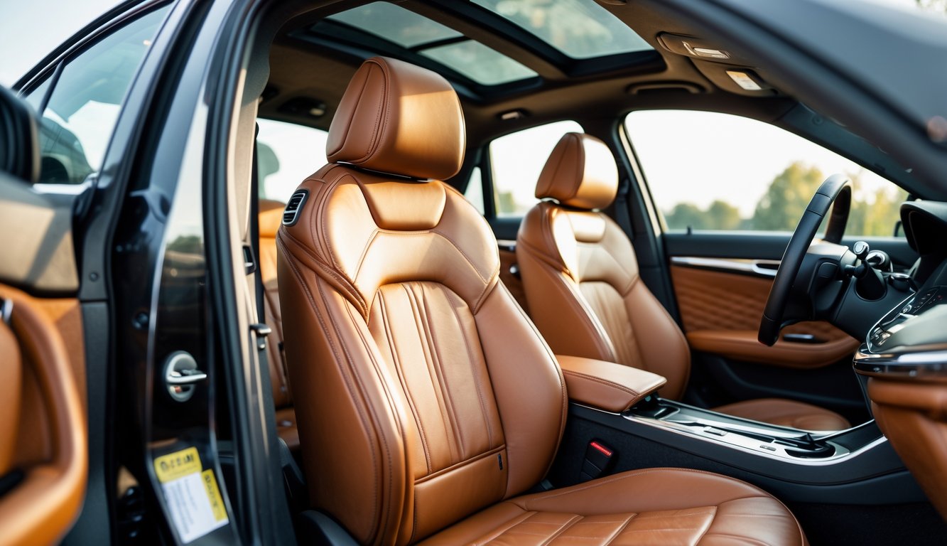 Interior mobil dengan jok kulit asli berwarna coklat yang terlihat nyaman dan mewah.