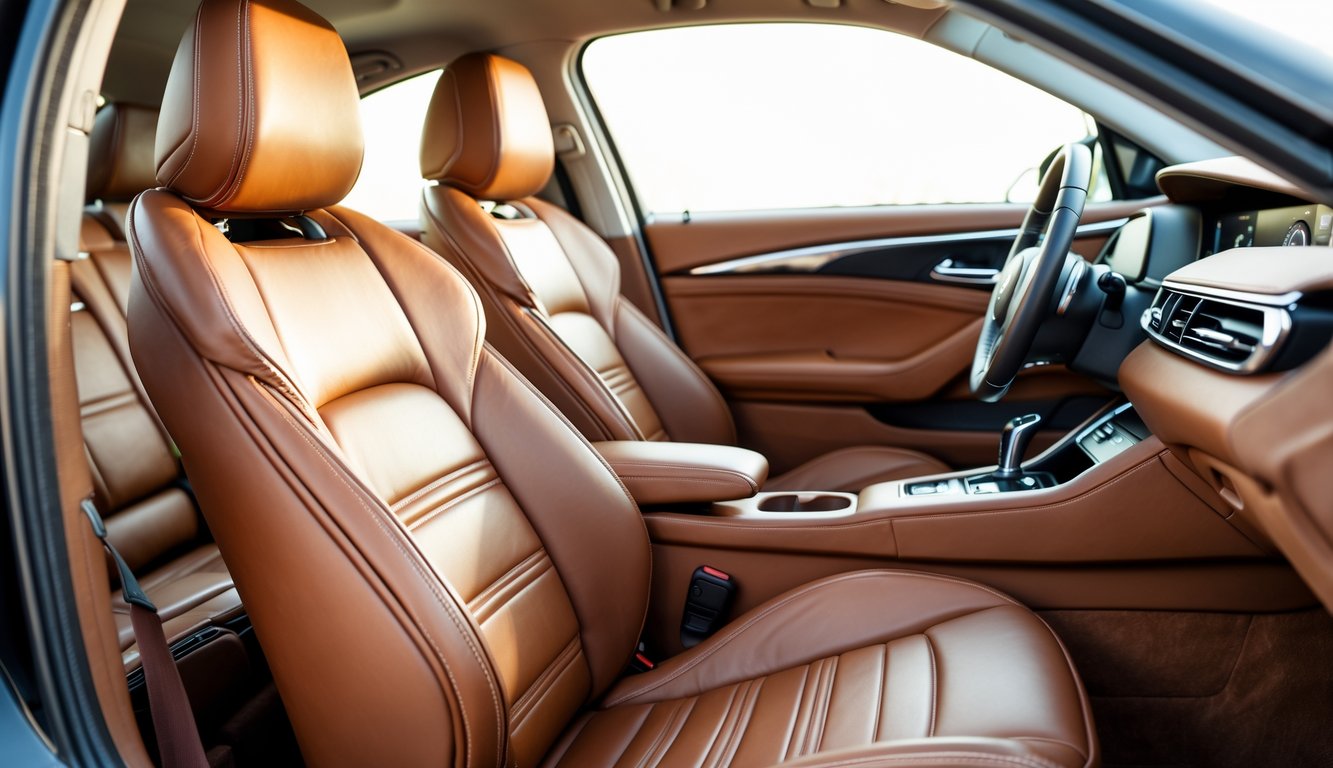 Interior mobil dengan jok kulit asli berwarna cokelat yang terlihat nyaman dan elegan.