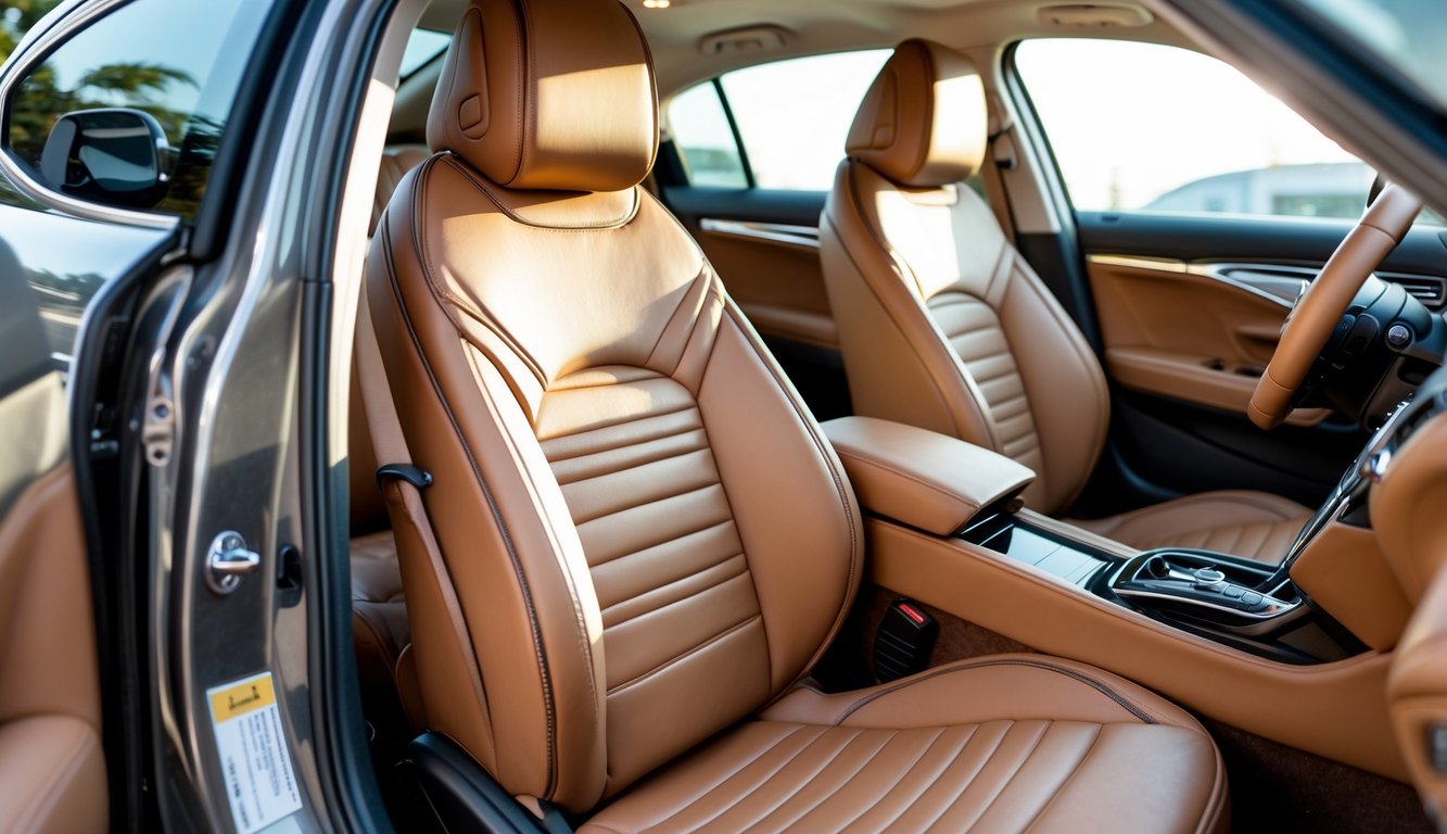 Interior mobil dengan jok kulit asli berwarna cokelat yang terlihat nyaman dan elegan.