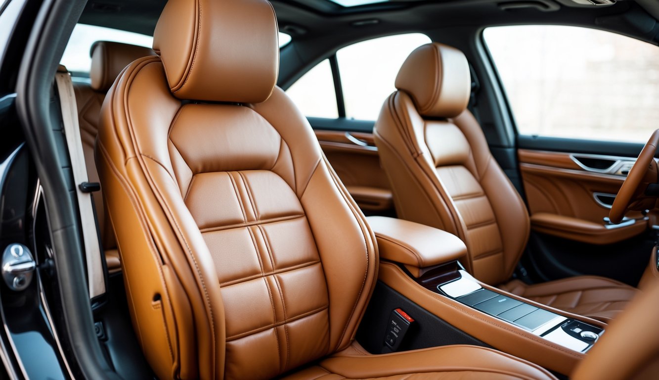 Interior mobil mewah dengan jok kulit asli berwarna coklat yang terlihat halus dan tahan lama.