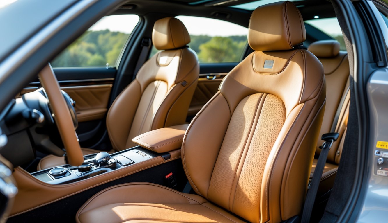 Interior mobil mewah dengan jok kulit asli berwarna cokelat yang tampak nyaman dan elegan.