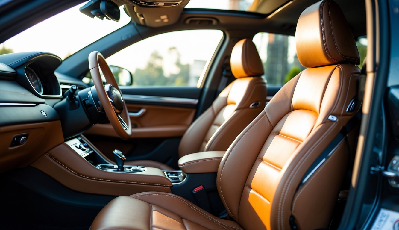 Interior mobil mewah dengan jok mobil berlapis kulit asli berwarna coklat, terlihat nyaman dan elegan.