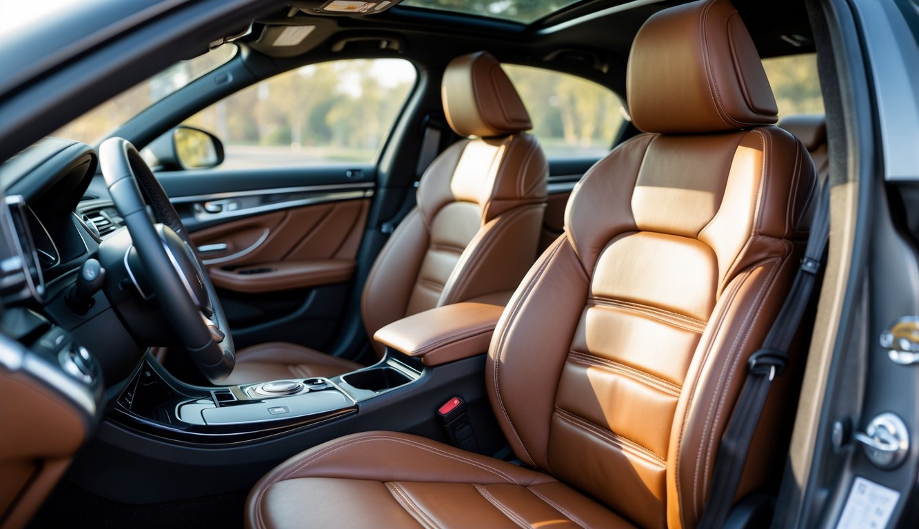 Interior mobil dengan jok kulit asli berwarna cokelat yang tampak nyaman dan elegan.
