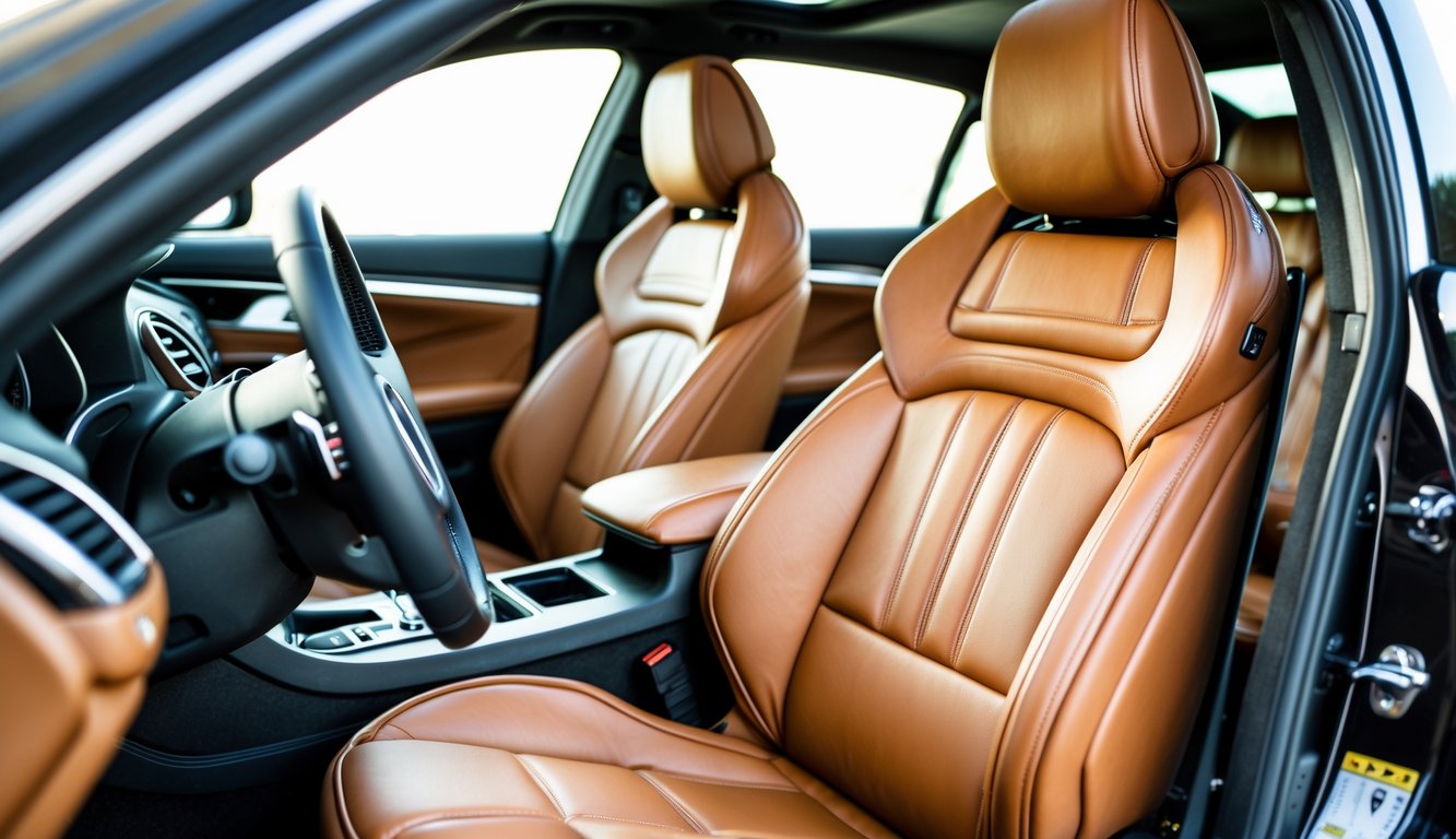 Interior mobil dengan jok kulit asli berwarna coklat yang terlihat nyaman dan elegan.