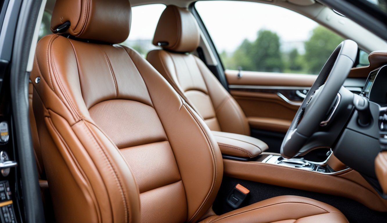 Interior mobil dengan jok kulit asli berwarna coklat yang terlihat mewah dan nyaman.