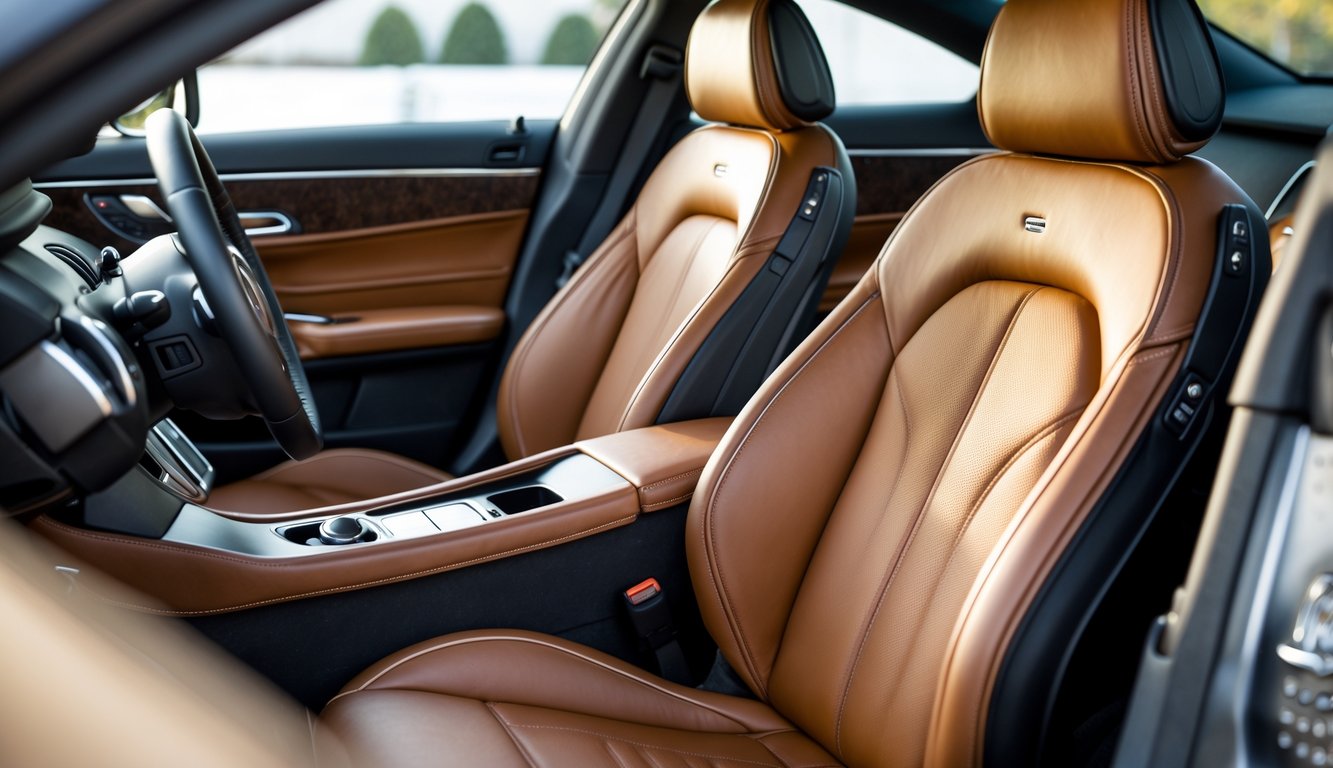 Interior mobil dengan jok kulit asli premium berwarna coklat yang terlihat mewah dan nyaman.