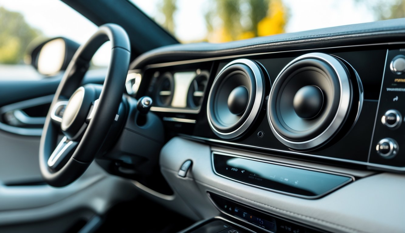 Sistem audio mobil modern dengan speaker dan panel kontrol di dalam mobil.