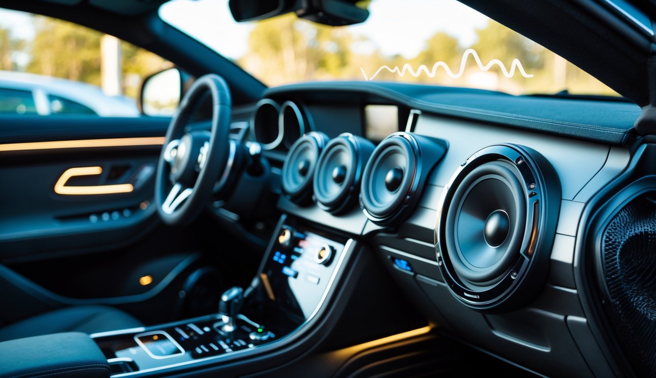 Interior mobil modern dengan sistem audio mobil premium yang menampilkan speaker dan subwoofer berkualitas tinggi.