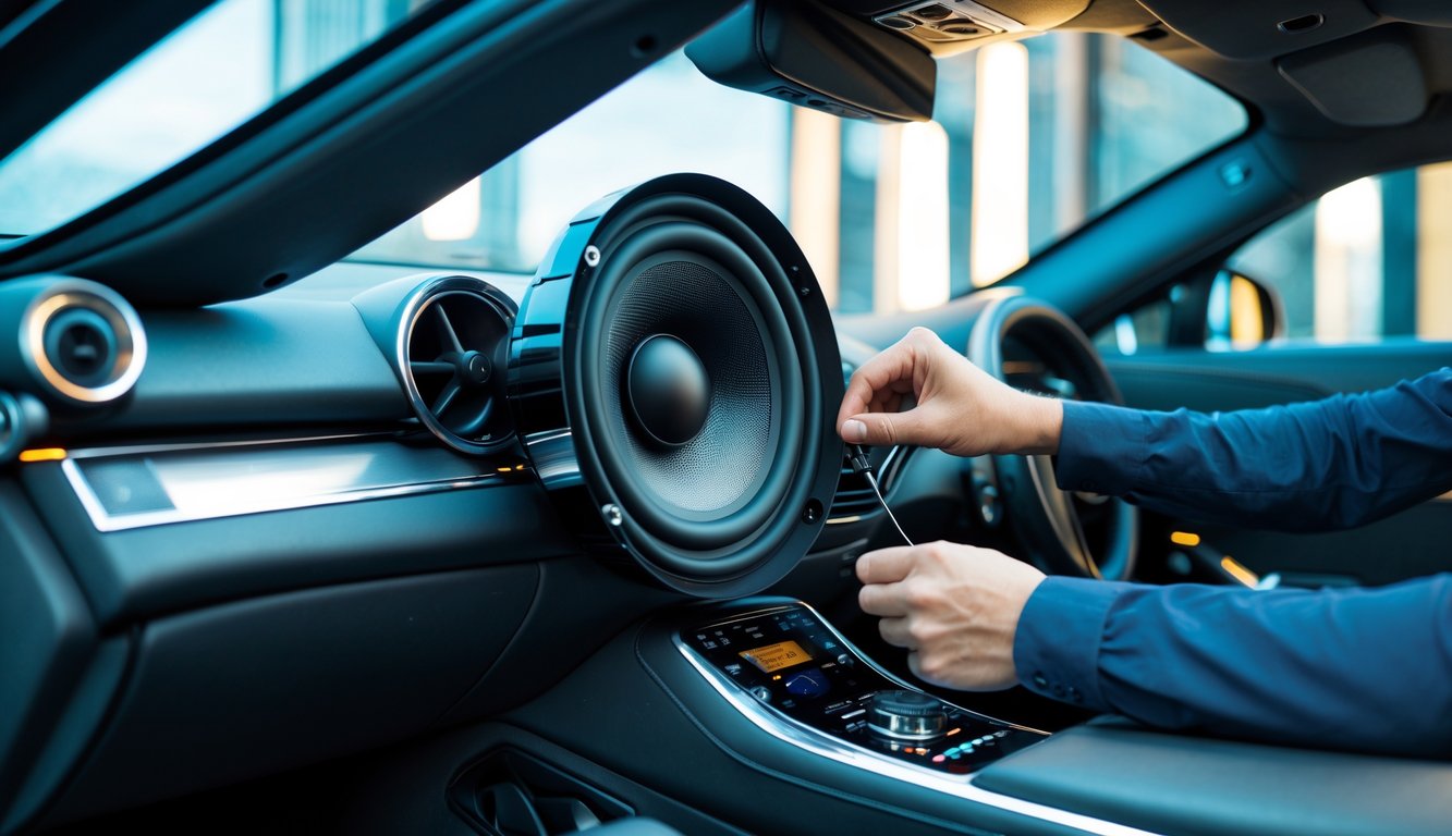 Seseorang sedang memasang atau mengatur sistem audio mobil mewah di dalam mobil dengan interior bersih dan kursi kulit.