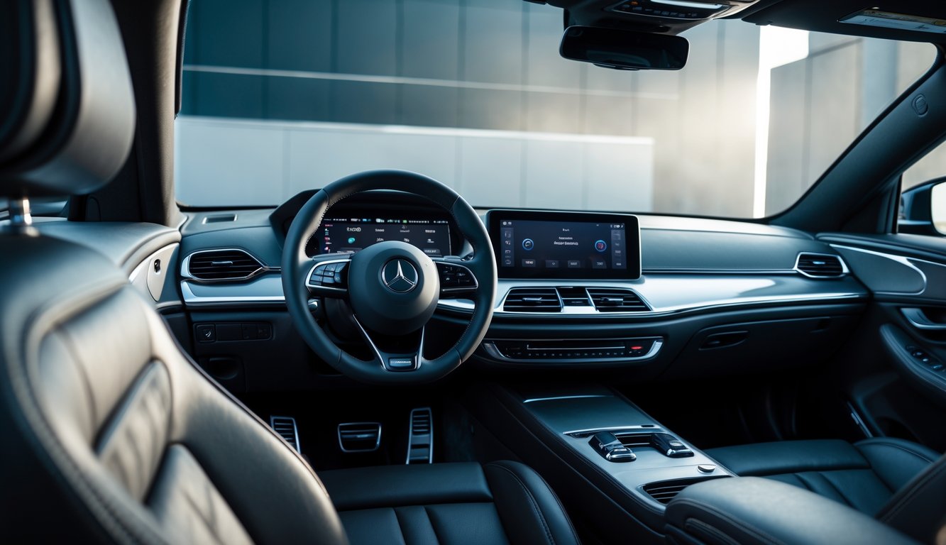 Interior mobil modern dengan sistem audio mobil berkualitas tinggi yang terlihat di dashboard dan pintu.