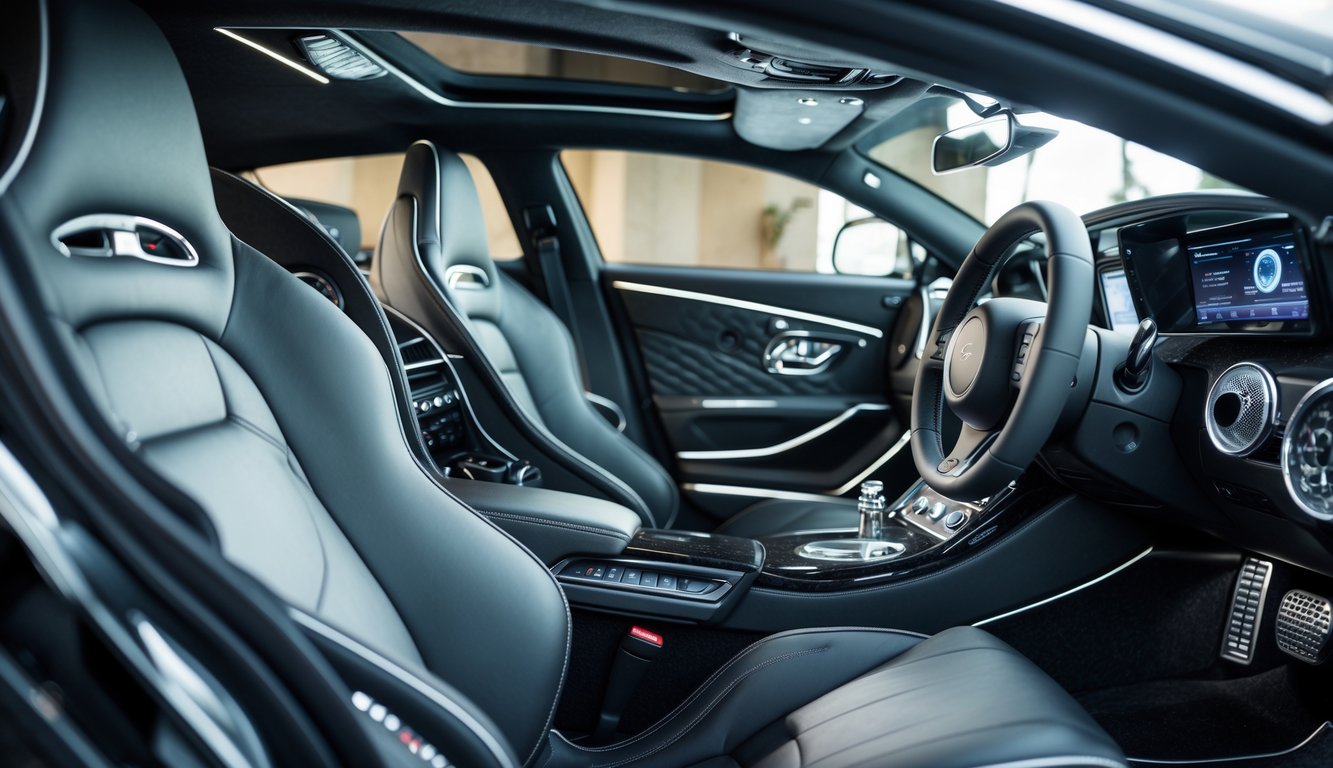 Interior mobil mewah dengan sistem audio berkualitas tinggi dan peralatan audio yang dipasang secara profesional.