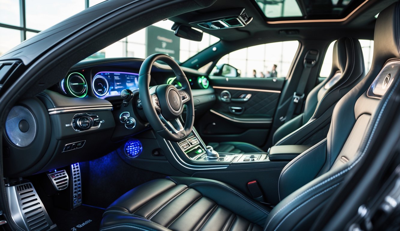 Interior mobil mewah dengan sistem audio mobil mahal yang lengkap dan canggih, menampilkan speaker besar dan peralatan audio terintegrasi.