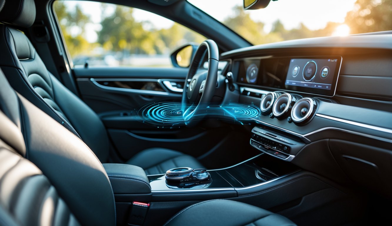 Interior mobil modern dengan sistem audio mobil premium dan speaker berkualitas tinggi yang menyala.