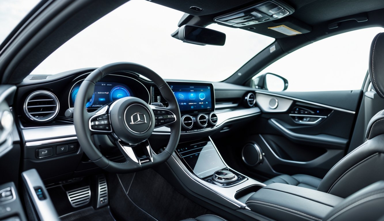 Interior mobil modern dengan sistem audio mobil mewah yang menampilkan speaker besar dan panel kontrol layar sentuh.
