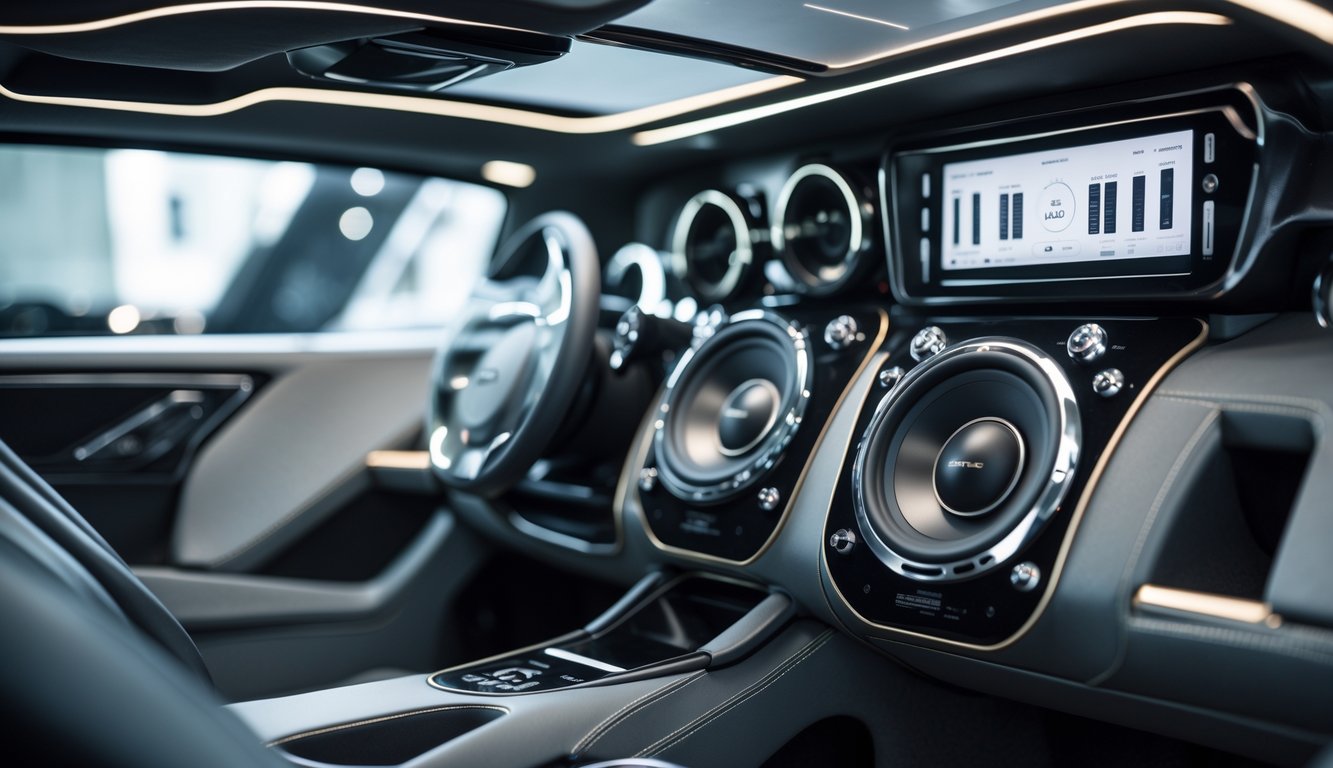 Interior mobil mewah dengan sistem audio canggih yang menampilkan subwoofer dan speaker besar di acara pameran mobil.