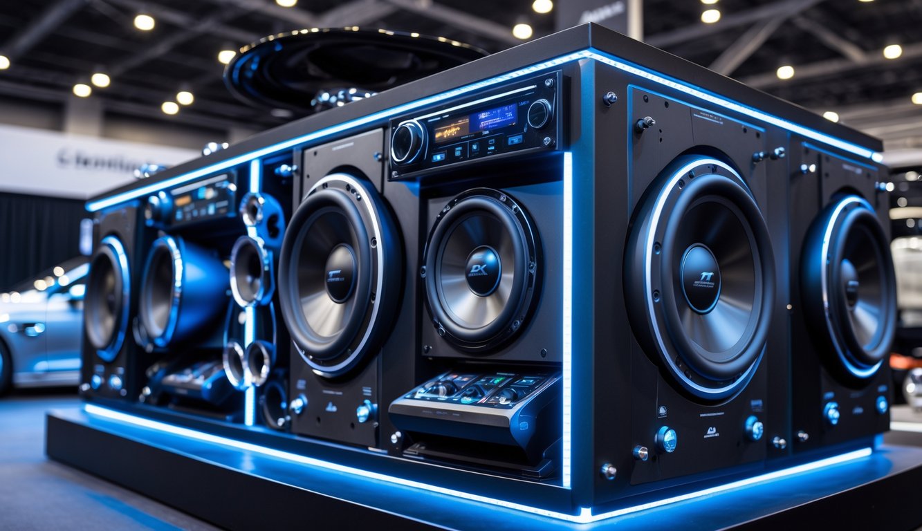 Sistem audio mobil mewah yang dipajang di pameran mobil dengan subwoofer besar dan speaker khusus.