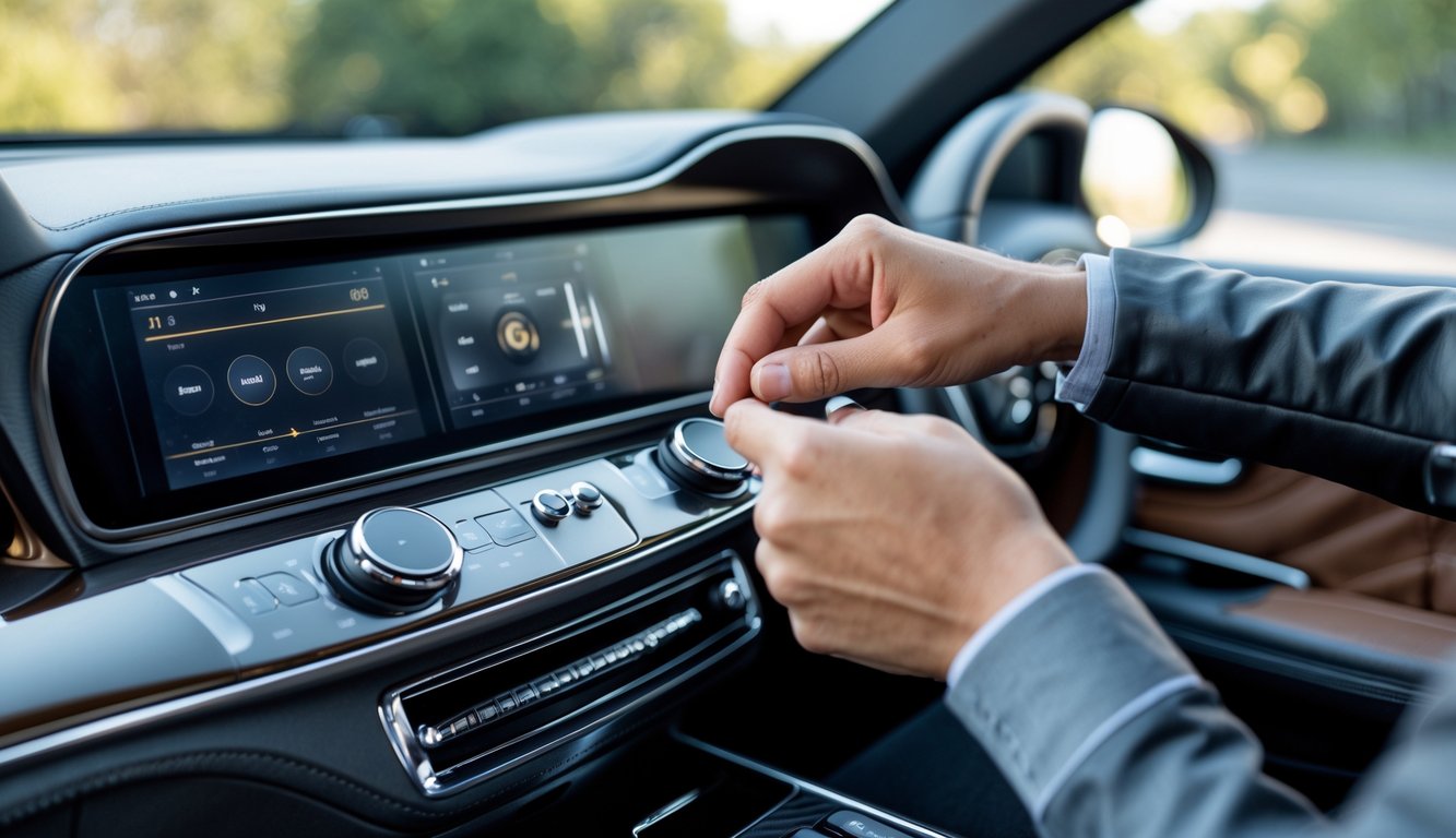 Seseorang sedang mengatur sistem audio mobil mewah di dalam mobil dengan interior elegan.