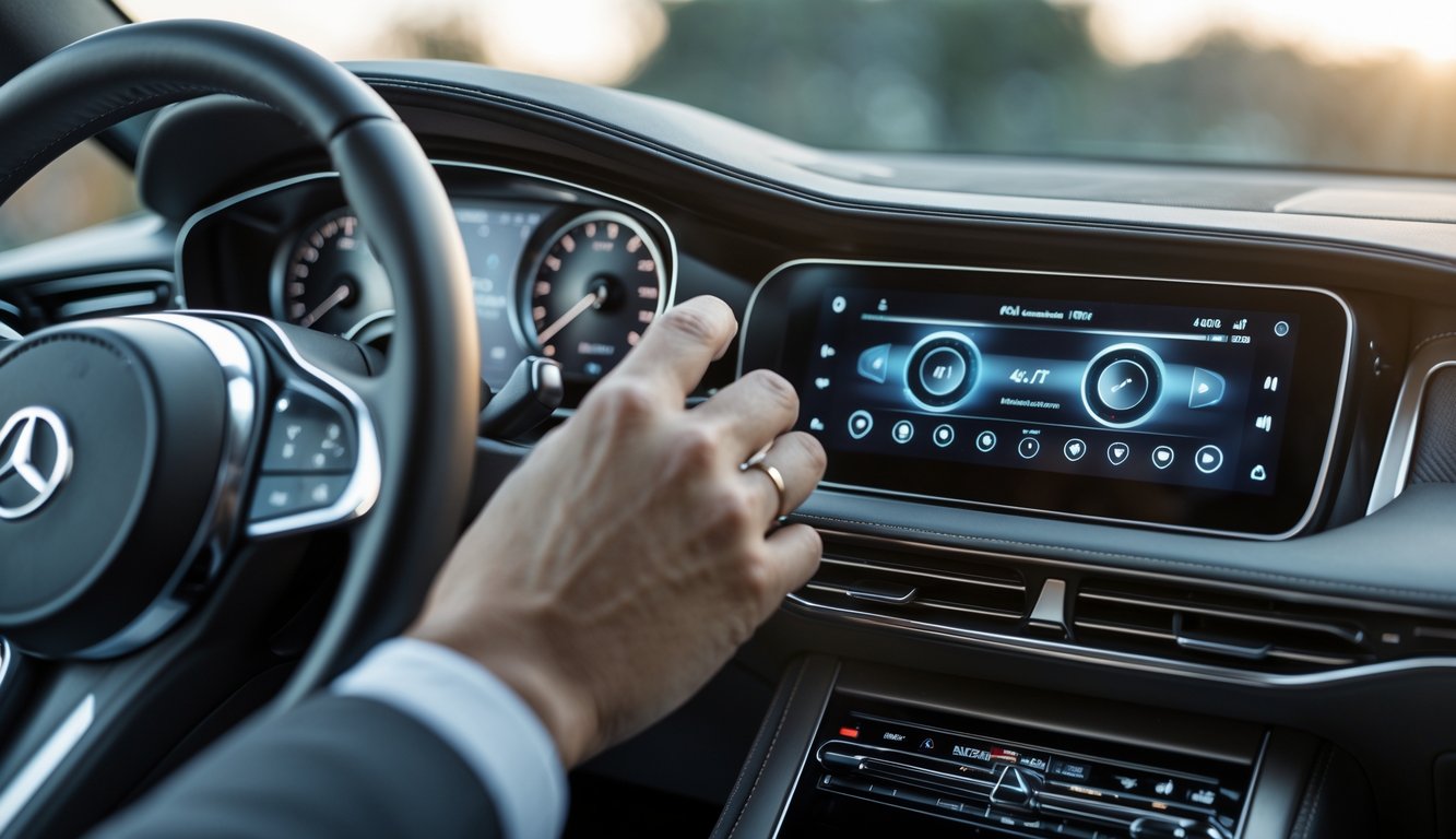 Interior mobil mewah dengan sistem audio canggih, menampilkan tangan yang sedang mengatur pengaturan audio pada panel kontrol.