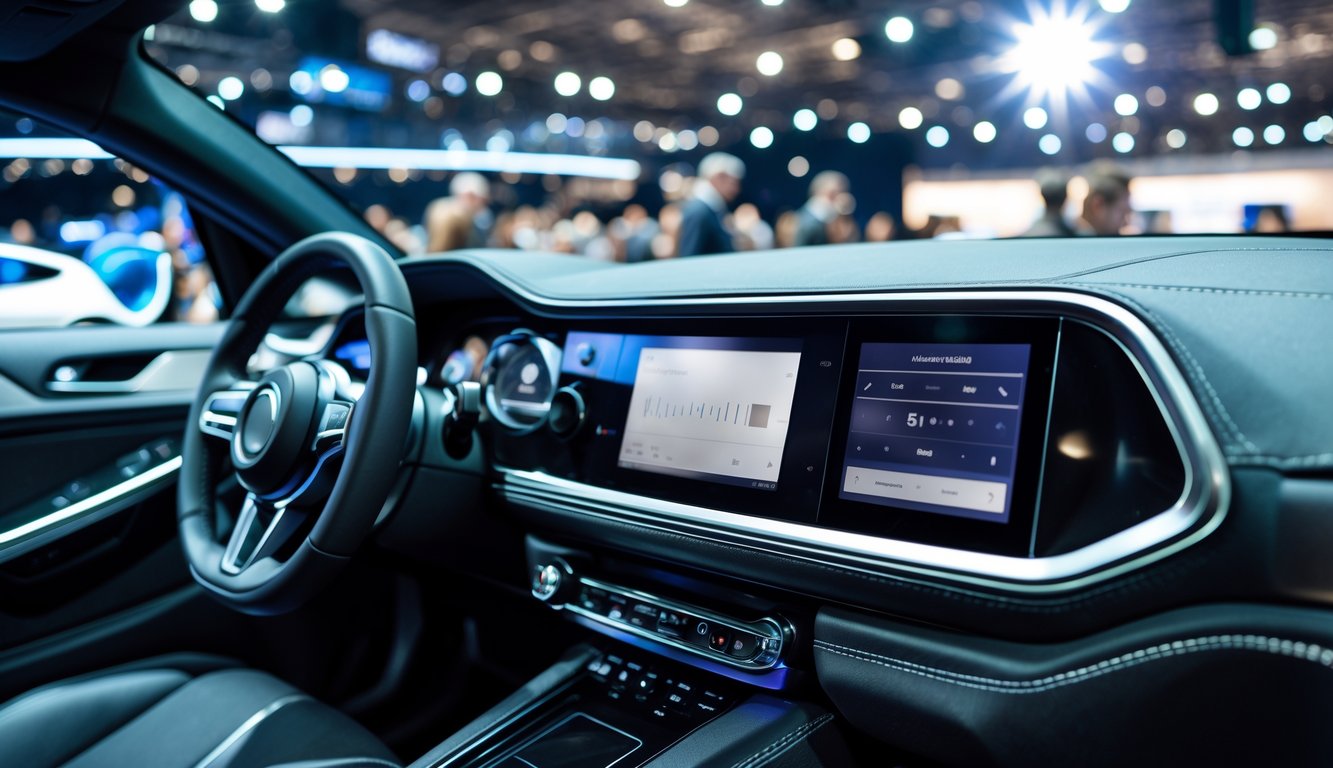 Interior mobil modern dengan sistem audio berkualitas tinggi yang menonjol, menunjukkan speaker dan panel kontrol audio di dasbor.