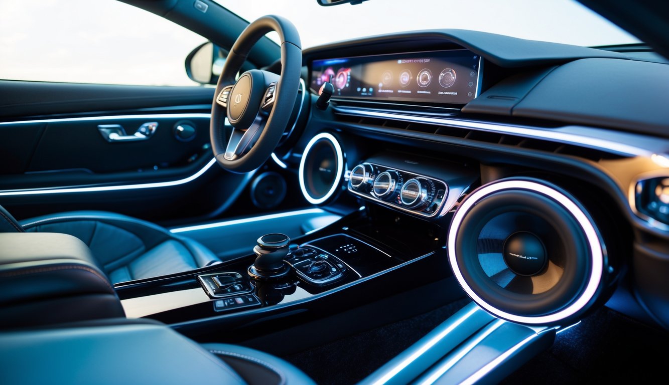 Sistem audio mobil mewah dengan speaker besar dan lampu LED di dalam interior mobil yang bersih dan modern.